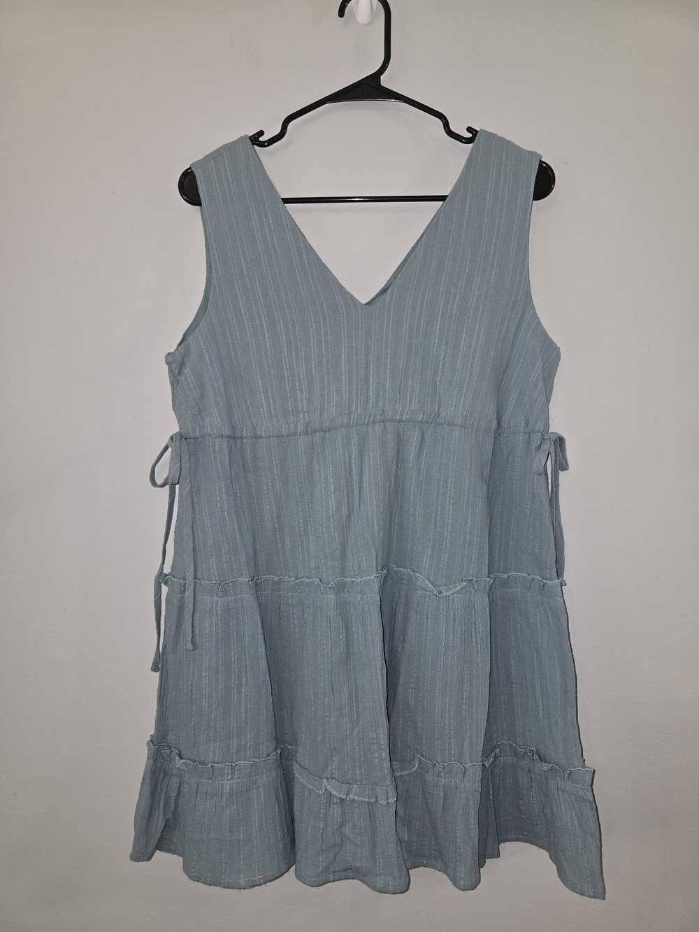 Sleeveless Side-Tie V-Neck Tiered Dress in Sage Blue
